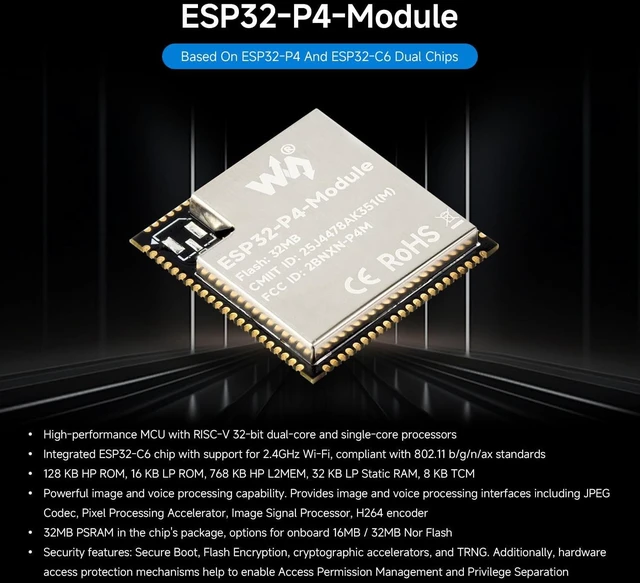 Alt view image 3 of 7 - Waveshare ESP32-P4-Module Core Board, 16MB Flash, Onboard IPEX Connector | Based On ESP32-P4 And ESP32-C6 Dual-Chip Design, Supports 2.4GHz W-F And BLT 5.3
