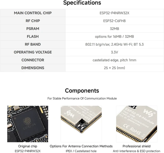 Alt view image 6 of 7 - Waveshare ESP32-P4-Module Core Board, 16MB Flash, Onboard IPEX Connector | Based On ESP32-P4 And ESP32-C6 Dual-Chip Design, Supports 2.4GHz W-F And BLT 5.3