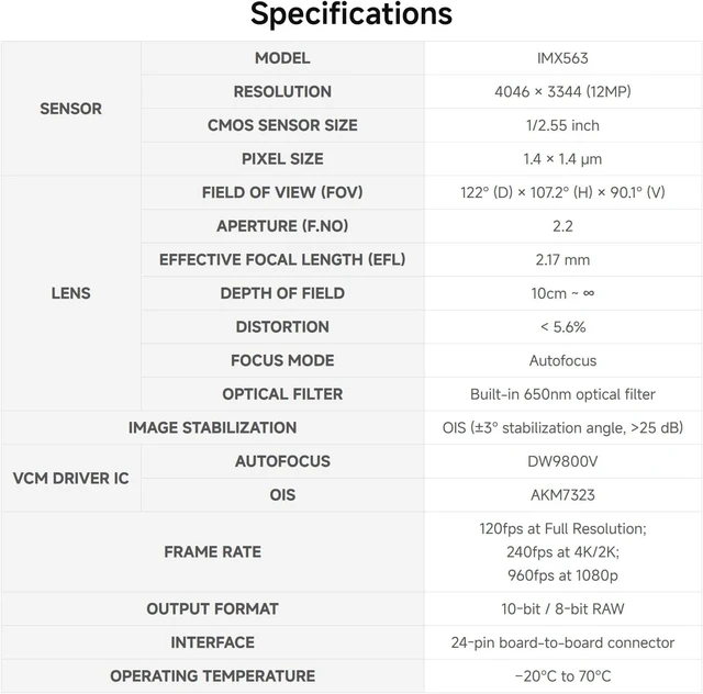 Alt view image 4 of 7 - Waveshare IMX563 12MP OIS Camera Module, 122° Wide-Angle Lens | Autofocus, Dual-Axis Optical Image Stabilization (OIS), 4Lane MIPI CSI-2 Interface