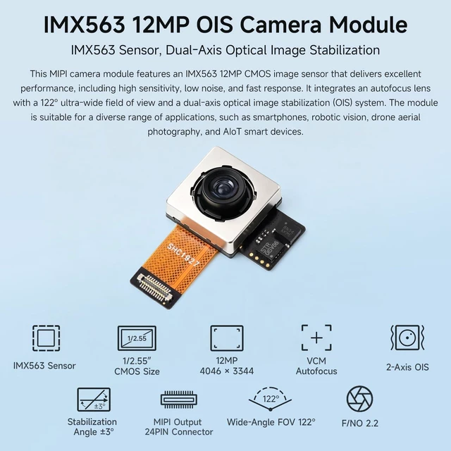 Alt view image 3 of 7 - Waveshare IMX563 12MP OIS Camera Module, 122° Wide-Angle Lens | Autofocus, Dual-Axis Optical Image Stabilization (OIS), 4Lane MIPI CSI-2 Interface