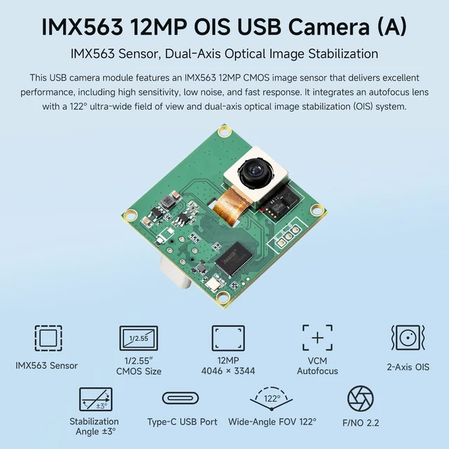 Alt view image 3 of 7 - Waveshare IMX563 12MP OIS USB Camera (A), Autofocus, USB 2.0 Type-C Port | IMX563 Sensor, Dual-Axis Optical Image Stabilization