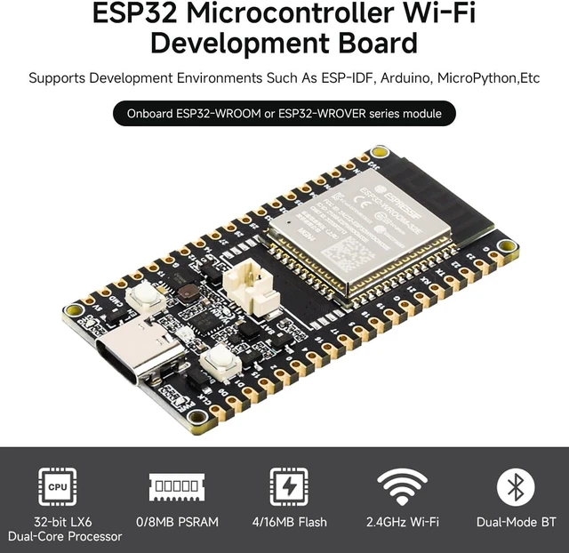 Alt view image 3 of 7 - Waveshare ESP32 Microcontroller Wi-Fi Dev Board, 4MB Flash + Soldered Pins | ESP32-WROOM-32E-N4, PCB Built-in Antenna, 32-bit LX6 dual-core processor, Onboard ESP32-WROOM module, dual-Mode Bluetooth