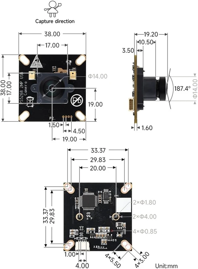 Alt view image 7 of 7 - Waveshare PS5268 2MP M12 Camera Module with USB 2.0 Header | high dynamic range, rolling shutter, onboard dual microphones