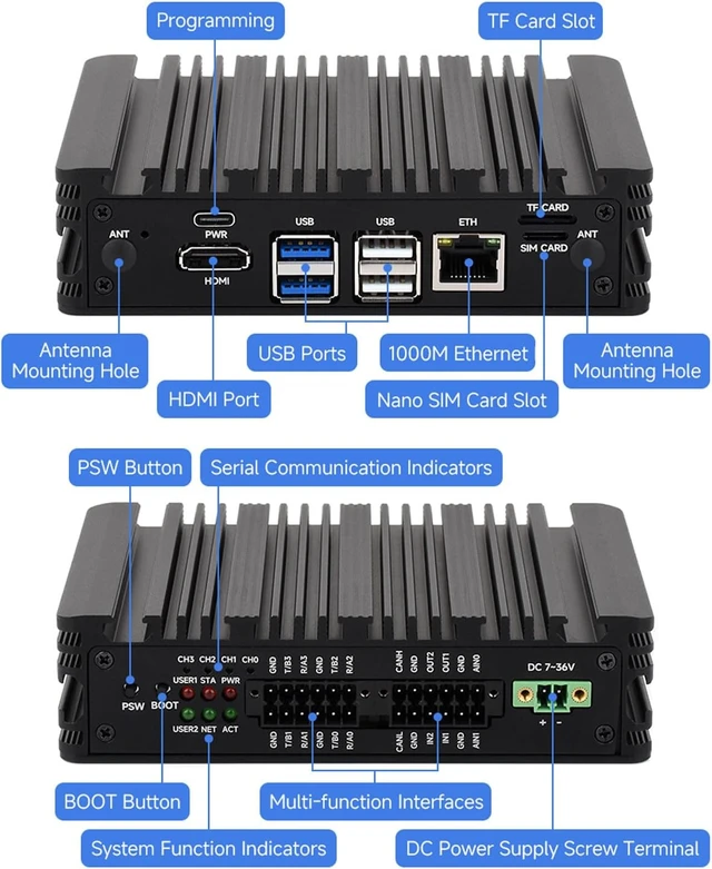 Alt view image 5 of 7 - Waveshare Industrial Computer, Compatible with RPi CM5, 4 X RS485 | 1000M Ethernet RJ45 port, Supports RS485 And 4G/5G Communication, with aluminum alloy heat dissipation case