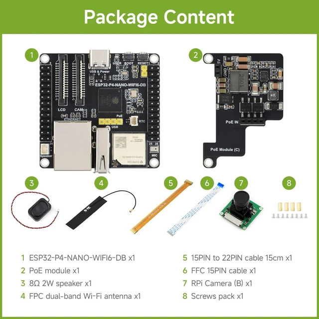 Alt view image 2 of 7 - Waveshare ESP32-P4-NANO-WIFI6-DB Development Board, Package C | Bundle with PoE module, RPi camera, speaker and antenna, RISC-V Dual-Core 400MHz + Single-Core 40MHz, Dual-Band Wi-Fi 6&BLE 5