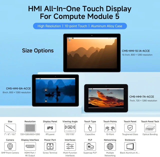 Alt view image 3 of 7 - Waveshare Industrial HMI All-in-One Touch Display for RPi CM5, 7inch LCD | 10-Point Touch, Optical bonding toughened glass panel, 5MP front camera, supports RS485 Industrial and 4G/5G Communication
