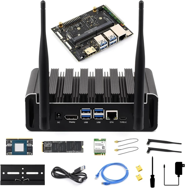 Main image of Waveshare Passive Cooling Case Kit,with Jetson-ORIN-IO-Base-H,Orin NX 8GB | Aluminum Alloy Cooling Case, Onboard Power Button With Indicator rich interfaces, M.2, Display, USB, and Ethernet ports