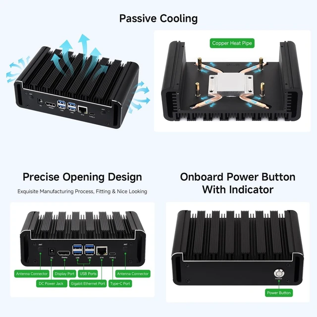 Alt view image 6 of 7 - Waveshare Passive Cooling Case Kit,with Jetson-ORIN-IO-Base-H,Orin NX 16GB | Aluminum Alloy Cooling Case, Onboard Power Button With Indicator rich interfaces, M.2, Display, USB, and Ethernet ports