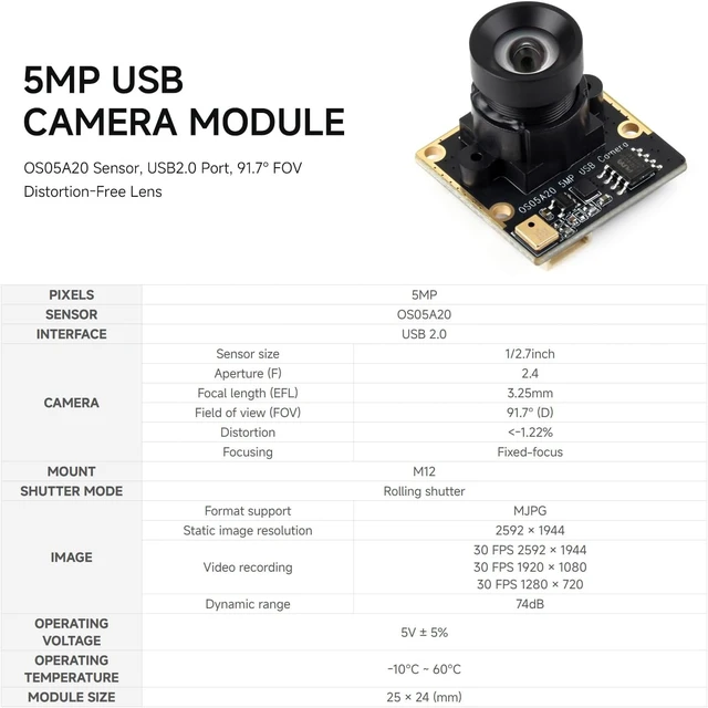 Alt view image 3 of 6 - Waveshare OS05A20 5MP USB Camera Module Type C, Supports USB2.0 Type-C Port | onboard single microphone, 91.7° FOV distortion-free lens