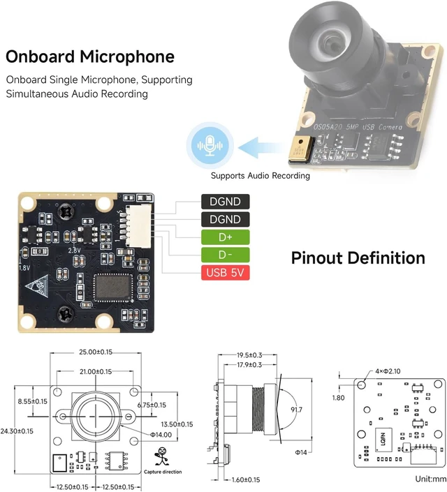 Alt view image 6 of 6 - Waveshare OS05A20 5MP USB Camera Module Type C, Supports USB2.0 Type-C Port | onboard single microphone, 91.7° FOV distortion-free lens