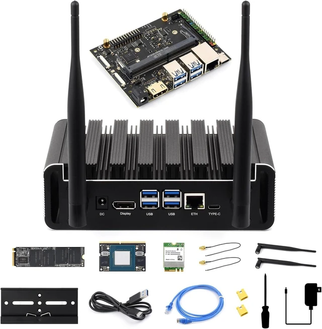 Main image of Waveshare Passive Cooling Case Kit,with Jetson-ORIN-IO-Base-H,Orin NX 16GB | Aluminum Alloy Cooling Case, Onboard Power Button With Indicator rich interfaces, M.2, Display, USB, and Ethernet ports