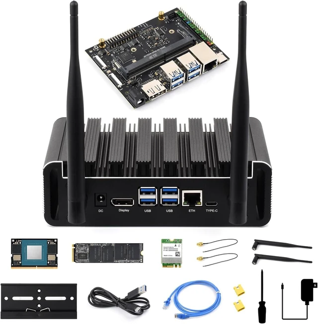 Main image of Waveshare Passive Cooling Case Kit,with Jetson-ORIN-IO-Base,Orin Nano 8GB | Aluminum Alloy Cooling Case, Onboard Power Button With Indicator rich interfaces, M.2, Display, USB, and Ethernet ports