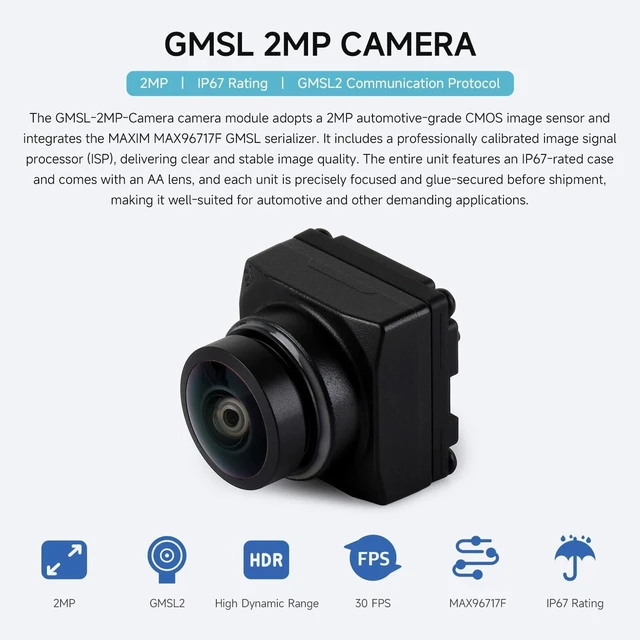 Alt view image 3 of 7 - Waveshare 2MP GMSL Camera Module, 118.4°FOV, Automotive-Grade Image Sensor | Built-in ISP, AA Lens, IP67 Protection Degree And More Durable, 2MP, IP67 Water-resistant