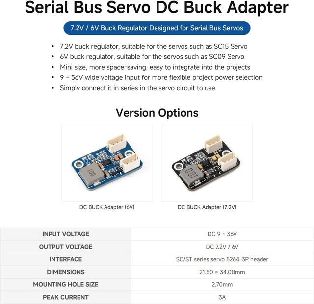Alt view image 3 of 4 - Waveshare Serial Bus Servo DC Buck Adapter, Mini Module, 6V Buck Regulator | Design for Serial Bus Servos, Easy to Use, 9 ~ 36V wide voltage input for more flexible project power selection