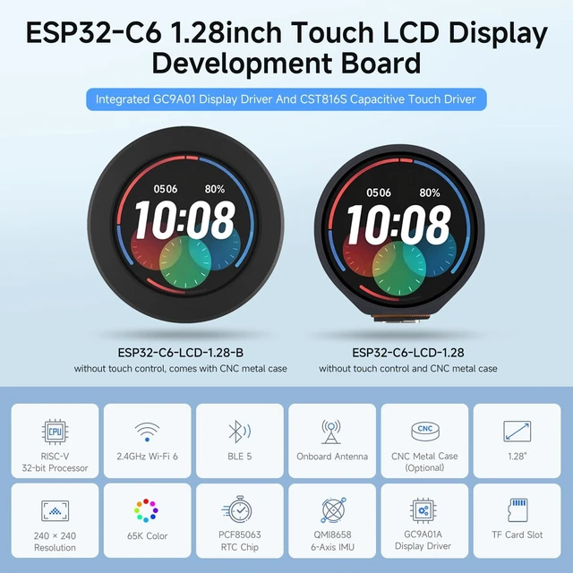 Alt view image 3 of 7 - Waveshare ESP32-C6 1.28inch Touch LCD Display Dev Board, 240×240, with Case | 65K color, Supports 2.4GHz Wi-Fi 6 and BLT5, ESP32-C6 32-bit RISC-V, Built-in 512KB H-P Static RAM, 16KB LP Static RAM