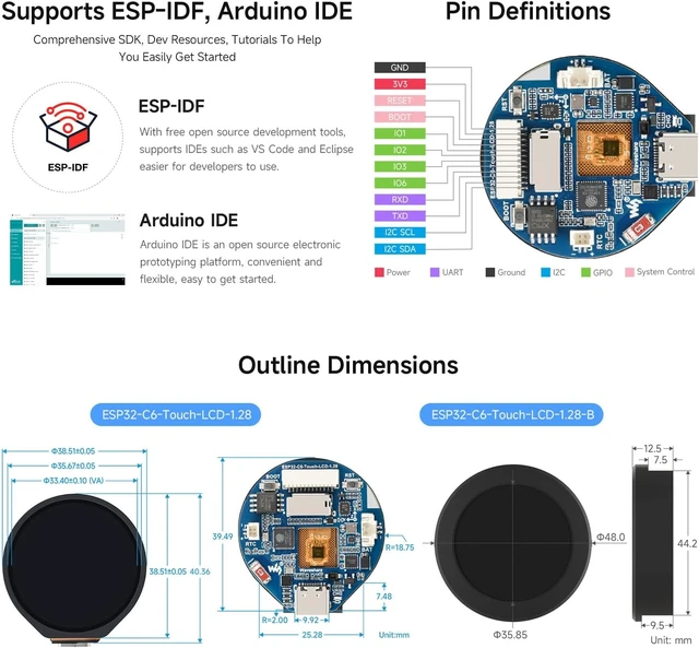 Alt view image 6 of 7 - Waveshare ESP32-C6 1.28inch Touch LCD Display Dev Board, 240×240, with Case | 65K color, Supports 2.4GHz Wi-Fi 6 and BLT5, ESP32-C6 32-bit RISC-V, Built-in 512KB H-P Static RAM, 16KB LP Static RAM