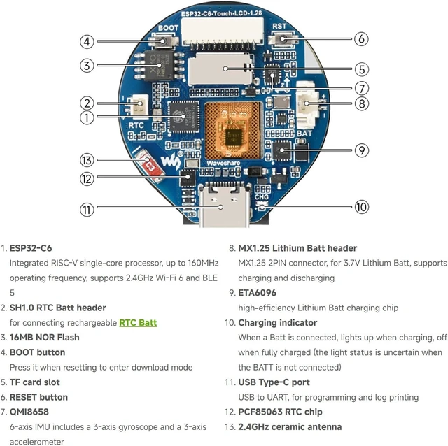 Alt view image 7 of 7 - Waveshare ESP32-C6 1.28inch Touch LCD Display Dev Board, 240×240, with Case | 65K color, Supports 2.4GHz Wi-Fi 6 and BLT5, ESP32-C6 32-bit RISC-V, Built-in 512KB H-P Static RAM, 16KB LP Static RAM