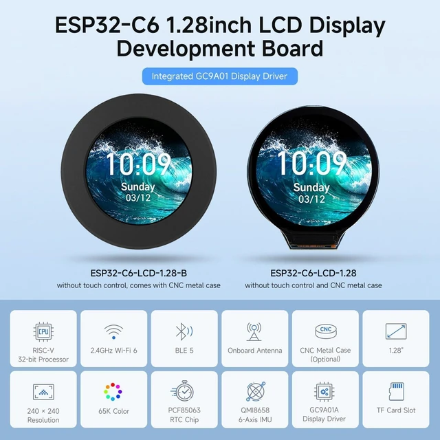 Alt view image 3 of 7 - Waveshare ESP32-C6 1.28inch LCD Display Development Board, 240 × 240 | 65K color, Supports 2.4GHz Wi-Fi 6 and BLT 5, Onboard QMI8658 6-axis IMU and PCF85063 RTC chip, Onboard SH1.0 14PIN