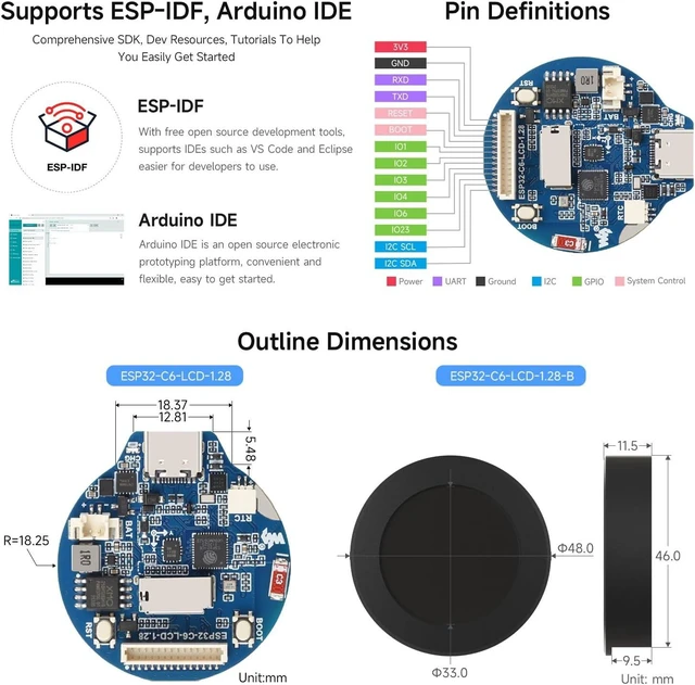Alt view image 6 of 7 - Waveshare ESP32-C6 1.28inch LCD Display Development Board, 240 × 240 | 65K color, Supports 2.4GHz Wi-Fi 6 and BLT 5, Onboard QMI8658 6-axis IMU and PCF85063 RTC chip, Onboard SH1.0 14PIN