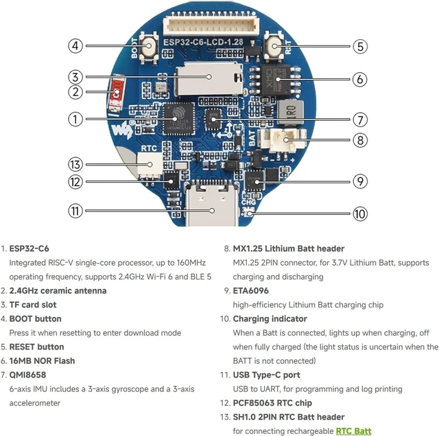 Alt view image 7 of 7 - Waveshare ESP32-C6 1.28inch LCD Display Development Board, 240 × 240 | 65K color, Supports 2.4GHz Wi-Fi 6 and BLT 5, Onboard QMI8658 6-axis IMU and PCF85063 RTC chip, Onboard SH1.0 14PIN