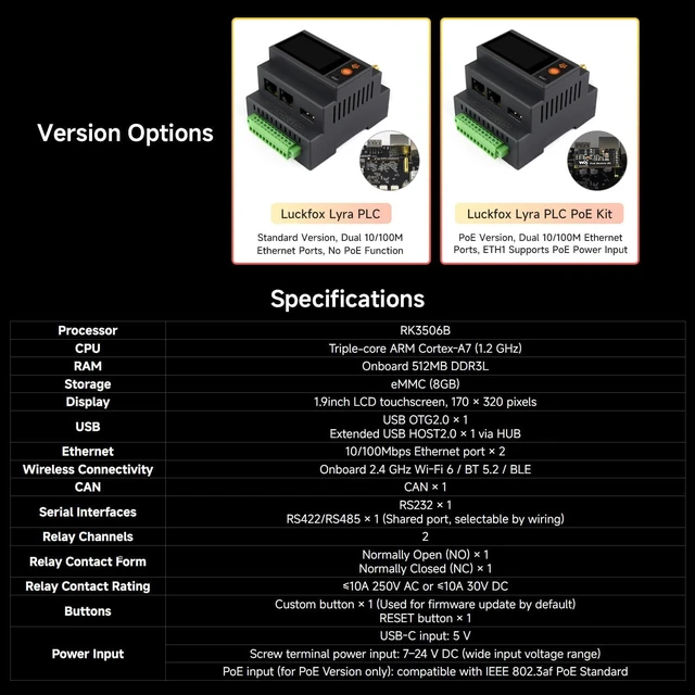 Alt view image 4 of 7 - Waveshare Luckfox Lyra Programmable Logic Controller, with PoE Functional | Based On RK3506B With Triple-Core ARM Cortex-A7, Onboard 1.9inch LCD Touchscreen And Dual 100Mbps Ethernet Ports