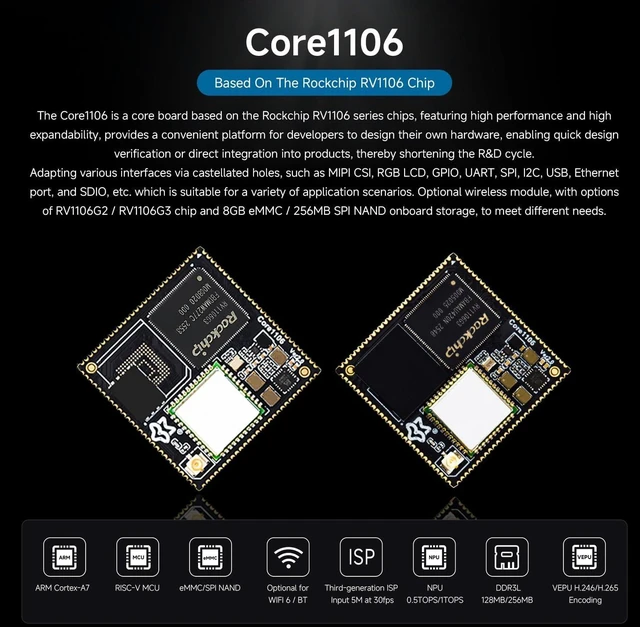 Alt view image 2 of 6 - Waveshare Luckfox Core1106 Core Board, 128MB, No Wireless, 256MB SPI NAND | Based On Rockchip RV1106 Chip, 8GB eMMC/256MB SPI NAND, Integrates ARM Cortex-A7/RISC-V MCU/NPU/ISP Processors