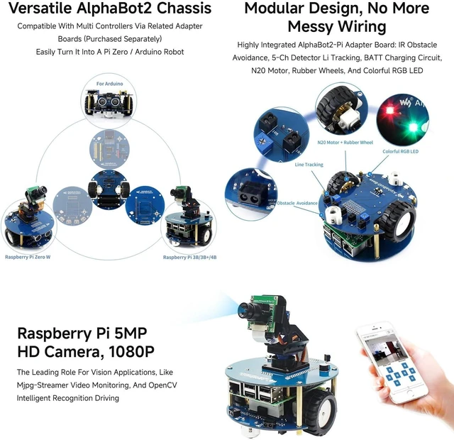 Alt view image 4 of 5 - Waveshare AlphaBot2 Wireless Video Smart Robot, Comes with PI4B-3GB | AlphaBot2 Wireless Video Smart Robot, obstacle avoidance, line tracking, wireless remote control, video monitoring...
