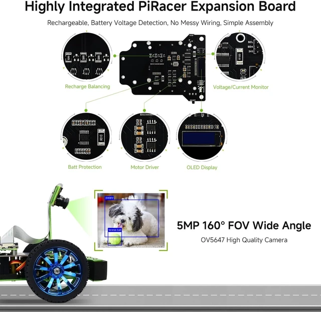 Alt view image 6 of 7 - Waveshare PiRacer AI Autonomous Racing Robot, Comes with Pi4B-3GB | Equipped with 5MP 160° wide-angle camera, aluminum chassis, Ackerman steering, onboard OLED & multi-protection power circuit.