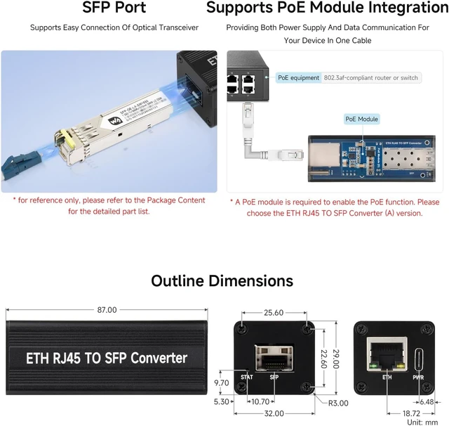 Alt view image 5 of 5 - Waveshare Giga-bit auto-Negotiation SFP Fiber-to-Ethernet Converter | RTL8213B controller chip, supports 1.25Gbps optical transceiver, onboard status indicators