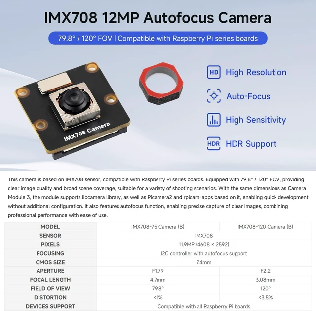 Alt view image 3 of 4 - Waveshare IMX708 12MP High Resolution Autofocus Camera, 79.8° FOV | Compatible with Raspberry Pi series boards. Provide clear image quality, suitable for a variety of shooting scenarios.