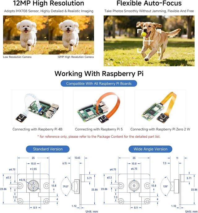 Alt view image 4 of 4 - Waveshare IMX708 12MP High Resolution Autofocus Camera, 79.8° FOV | Compatible with Raspberry Pi series boards. Provide clear image quality, suitable for a variety of shooting scenarios.