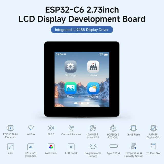Alt view image 3 of 7 - Waveshare ESP32-C6 2.73inch LCD Display Dev Board, RISC-V 32-bit, No BAT | 262K color, supports Wi-Fi 6, Bluetooth 5, and IEEE 802.15.4 (Zigbee 3.0 and Thread) wireless communications