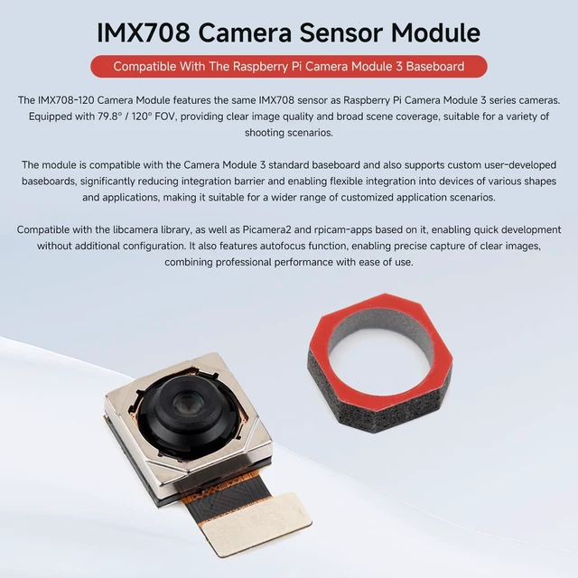 Alt view image 3 of 5 - Waveshare IMX708 Camera Sensor Module, 79.8°FOV, 11.9MP, Supports Autofocus | Compatible With The Raspberry Pi Camera Module 3 Baseboard, providing clear image quality and broad scene coverage