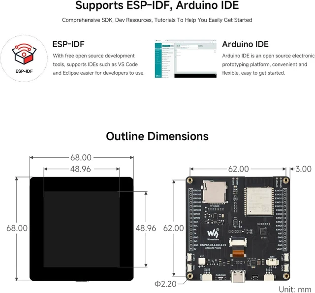 Alt view image 6 of 7 - Waveshare ESP32-C6 2.73inch LCD Display Dev Board, RISC-V 32-bit, No BAT | 262K color, supports Wi-Fi 6, Bluetooth 5, and IEEE 802.15.4 (Zigbee 3.0 and Thread) wireless communications