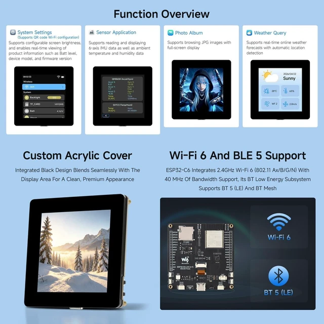 Alt view image 5 of 7 - Waveshare ESP32-C6 2.73inch LCD Display Dev Board, RISC-V 32-bit, No BAT | 262K color, supports Wi-Fi 6, Bluetooth 5, and IEEE 802.15.4 (Zigbee 3.0 and Thread) wireless communications
