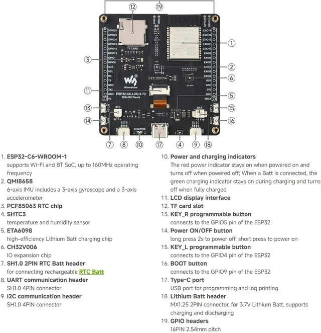 Alt view image 7 of 7 - Waveshare ESP32-C6 2.73inch LCD Display Dev Board, RISC-V 32-bit, No BAT | 262K color, supports Wi-Fi 6, Bluetooth 5, and IEEE 802.15.4 (Zigbee 3.0 and Thread) wireless communications