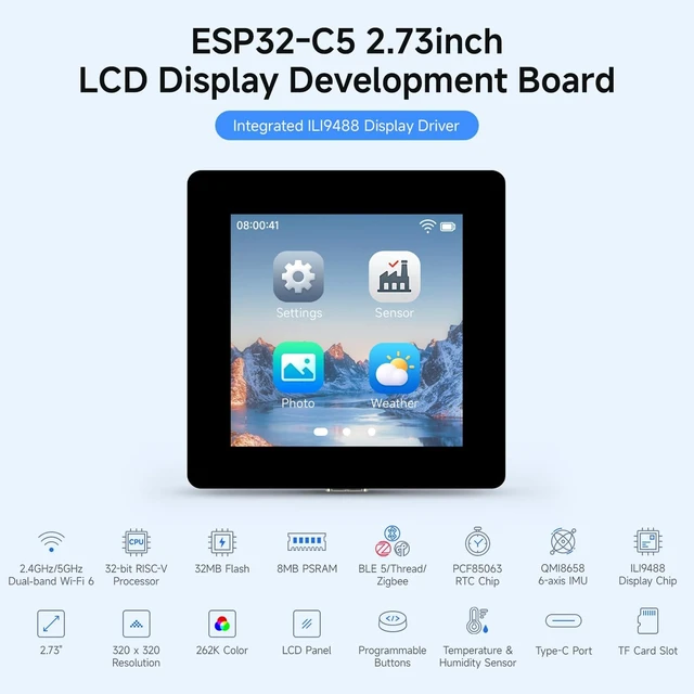 Alt view image 3 of 7 - Waveshare ESP32-C5 2.73inch LCD Display Dev Board,no BAT | 32-bit RISC-V Processor, 320 × 320 Resolution, 262K Color, Supports Dual-band 2.4GHz/5GHz W-Fi And BT 5 (LE)