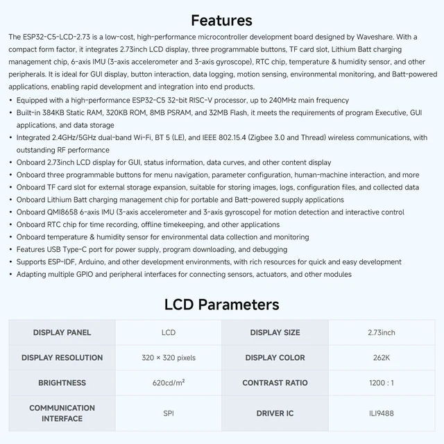 Alt view image 4 of 7 - Waveshare ESP32-C5 2.73inch LCD Display Dev Board,no BAT | 32-bit RISC-V Processor, 320 × 320 Resolution, 262K Color, Supports Dual-band 2.4GHz/5GHz W-Fi And BT 5 (LE)