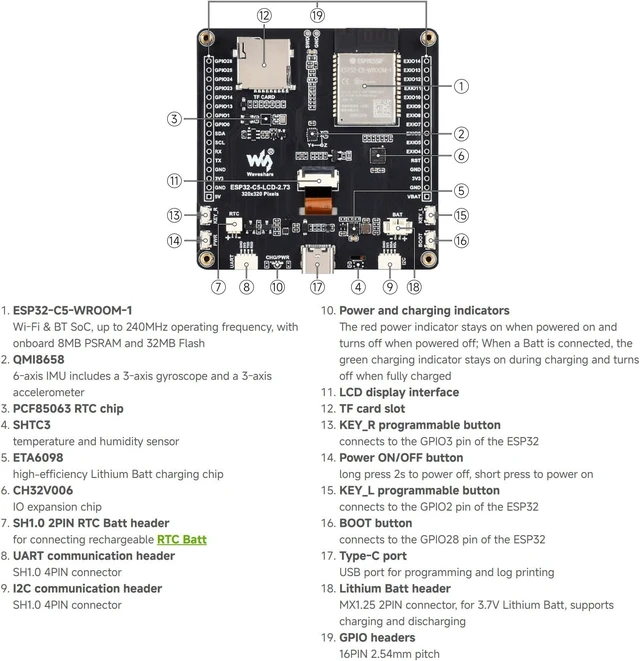 Alt view image 7 of 7 - Waveshare ESP32-C5 2.73inch LCD Display Dev Board,no BAT | 32-bit RISC-V Processor, 320 × 320 Resolution, 262K Color, Supports Dual-band 2.4GHz/5GHz W-Fi And BT 5 (LE)