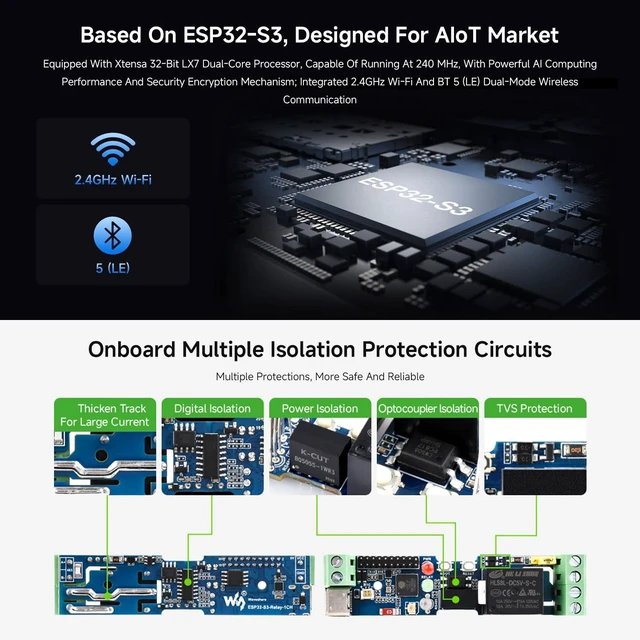 Alt view image 5 of 7 - Waveshare Industrial 1-Channel ESP32-S3 WiFi Relay Module, Wi-Fi/Bluetooth Support, Onboard RS485 Interface, Multiple Isolation Protection Circuits, Industrial-Grade Rail-Mount Enclosure