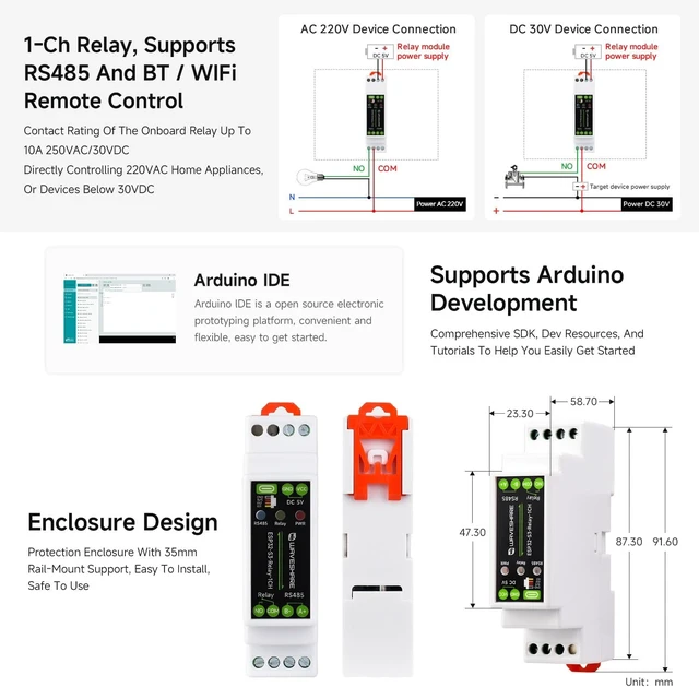 Alt view image 6 of 7 - Waveshare Industrial 1-Channel ESP32-S3 WiFi Relay Module, Wi-Fi/Bluetooth Support, Onboard RS485 Interface, Multiple Isolation Protection Circuits, Industrial-Grade Rail-Mount Enclosure