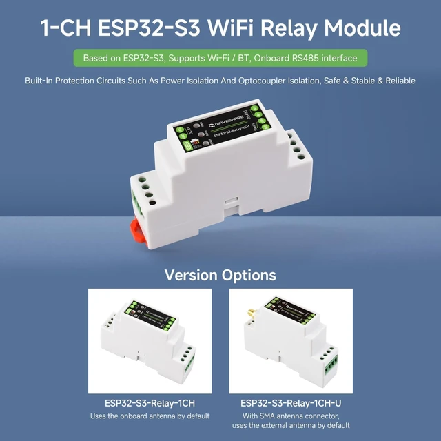 Alt view image 3 of 7 - Waveshare Industrial 1-Channel ESP32-S3 WiFi Relay Module, Wi-Fi/Bluetooth Support, Onboard RS485 Interface, Multiple Isolation Protection Circuits, Industrial-Grade Rail-Mount Enclosure