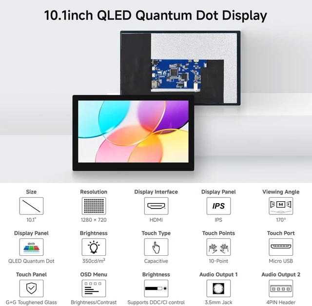 Alt view image 3 of 7 - Waveshare 10.1inch QLED Quantum Dot Display Type B, 1280 × 720 Resolution | Compatible with Raspberry Pi,G+G Toughened Glass Panel, IPS, Supports DDC/CI Brightness Adjustment