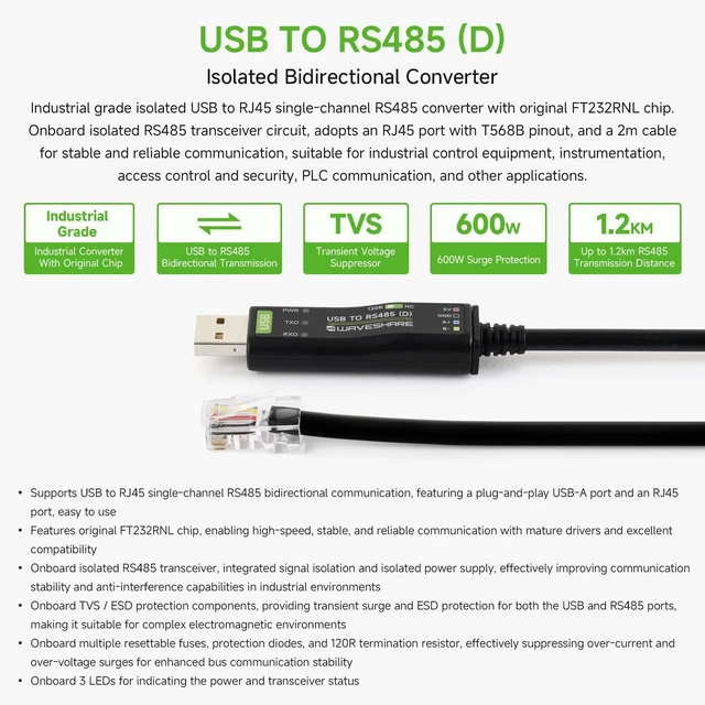 Alt view image 3 of 7 - waveshare USB to RS485 Industrial Grade Isolated Bidirectional Converter-D | USB Interface, RS485 Output