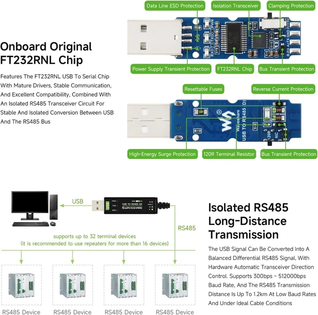 Alt view image 5 of 7 - waveshare USB to RS485 Industrial Grade Isolated Bidirectional Converter-D | USB Interface, RS485 Output