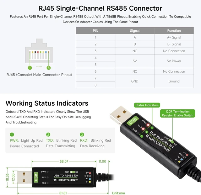 Alt view image 7 of 7 - waveshare USB to RS485 Industrial Grade Isolated Bidirectional Converter-D | USB Interface, RS485 Output