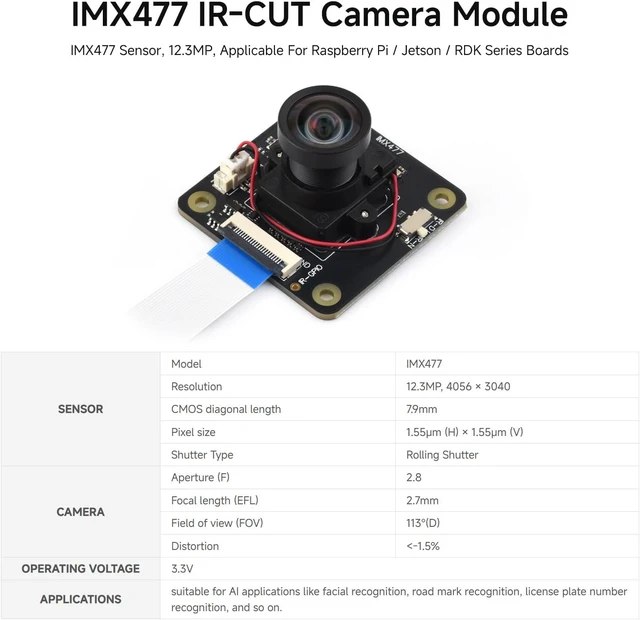 Alt view image 3 of 5 - Waveshare IMX477 IR-Cut 12.3MP Camera (B), for RPi/Jetson/RDK Series Boards | The IMX477 sensor supports up to 12.3MP resolution, capturing every detail in the picture