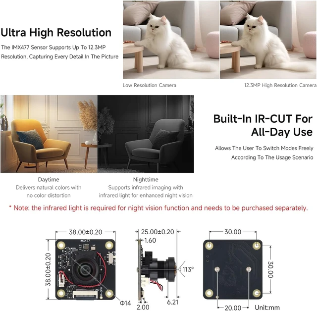 Alt view image 4 of 5 - Waveshare IMX477 IR-Cut 12.3MP Camera (B), for RPi/Jetson/RDK Series Boards | The IMX477 sensor supports up to 12.3MP resolution, capturing every detail in the picture