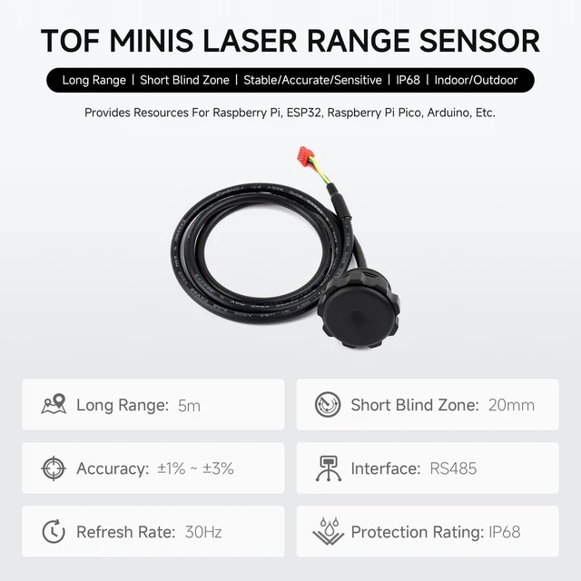 Alt view image 3 of 5 - Waveshare TOF MINIS Laser Range Sensor, Controller and Ranging Algorithm | Time-of-Flight (TOF) technology, RS485, long range|Short Blind Zone|stable/accurate/sensitive|IP68|indoor/outdoor