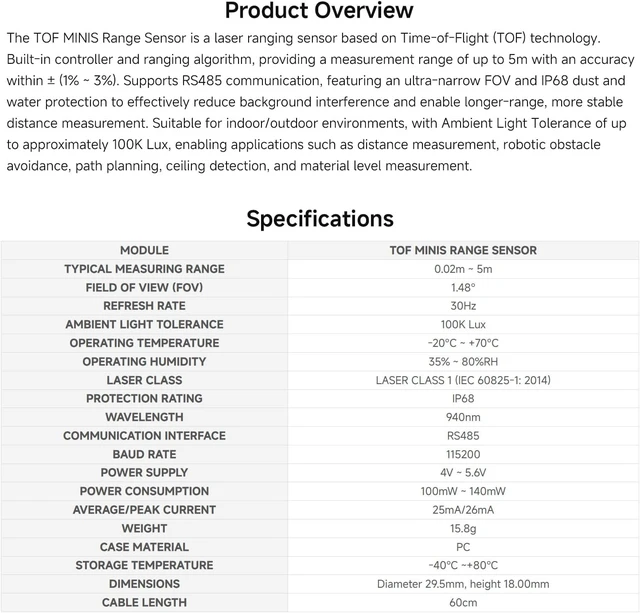 Alt view image 4 of 5 - Waveshare TOF MINIS Laser Range Sensor, Controller and Ranging Algorithm | Time-of-Flight (TOF) technology, RS485, long range|Short Blind Zone|stable/accurate/sensitive|IP68|indoor/outdoor